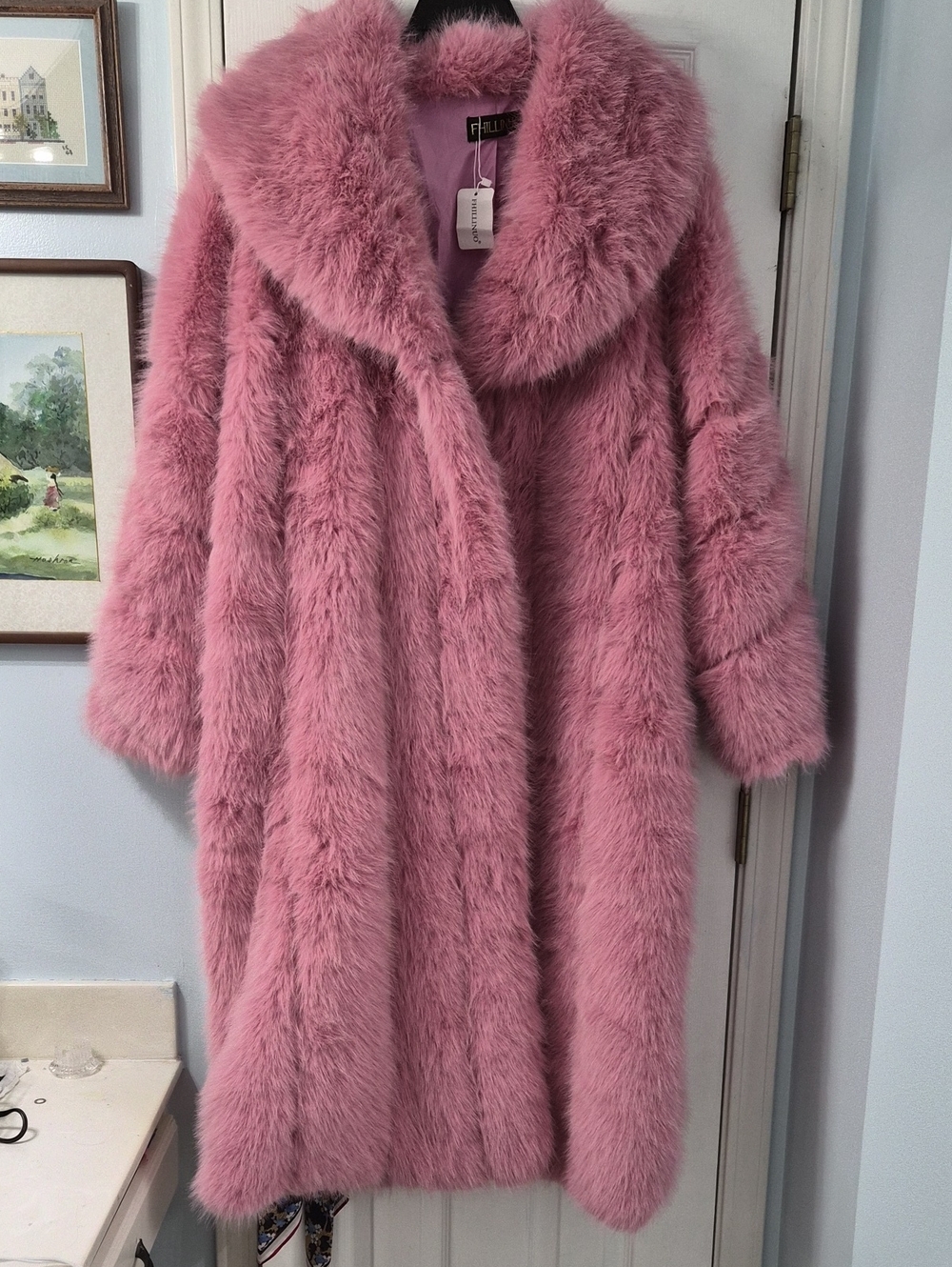 Pink Elegant Women's Long Collar Faux Fox Fur Coat - Picture 6 of 11